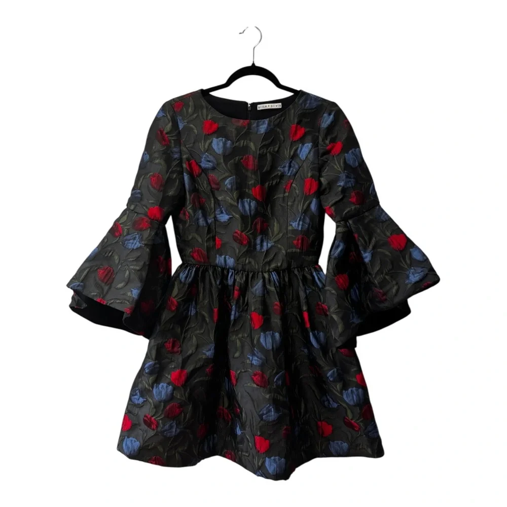 Alice + Olivia Black Floral Jacquard Babydoll Dress with Red & Blue Tulips - Picture 3 of 11